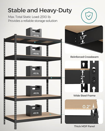 SONGMICS 5-Tier Storage Shelves, Load 2310 lb, Garage Storage, Boltless Assembly, Adjustable Shelving Unit, 23.6 x 47.2 x 70.9 Inches, for Study Shed Basement, Black and Natural Beige UGLR600B01