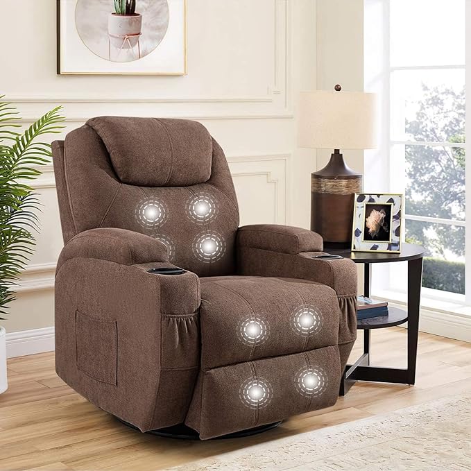 Flamaker Rocking Chair Recliner Chair with Massage Swivel Ergonomic Lounge Chair Classic Single Sofa with 2 Cup Holders Side Pockets Living Room Chair Home Theater Seat (Brown)