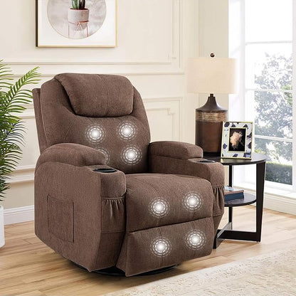 Flamaker Rocking Chair Recliner Chair with Massage Swivel Ergonomic Lounge Chair Classic Single Sofa with 2 Cup Holders Side Pockets Living Room Chair Home Theater Seat (Brown)