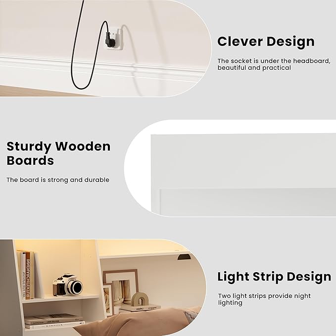Queen/Full Headboard Queen Size with Storage, Wood Bookcase Headboard with Charging Station & 2 LED Lights, Modern Headboard Only for Queen Size Bed, Noise-Free, Sturdy and Durable, White