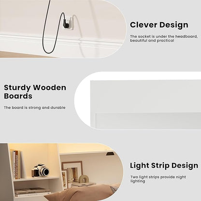 King Size Headboard Only for Bed, Wood Bookcase Headboard with Charging Station & 2 LED Lights, Modern King Bookshelf Headboard with Storage, Noise-Free, Sturdy and Durable, White