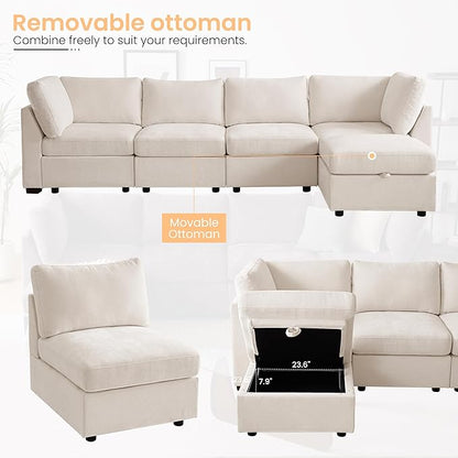 TEKAMON 123" Modular Sectional Sofa with Ottoman,Extra Large Comfy Cloud 4-Seat Deep Seat, Reversible Chaise Modular Sectional Couches for Living Room and Apartmenr,Beige