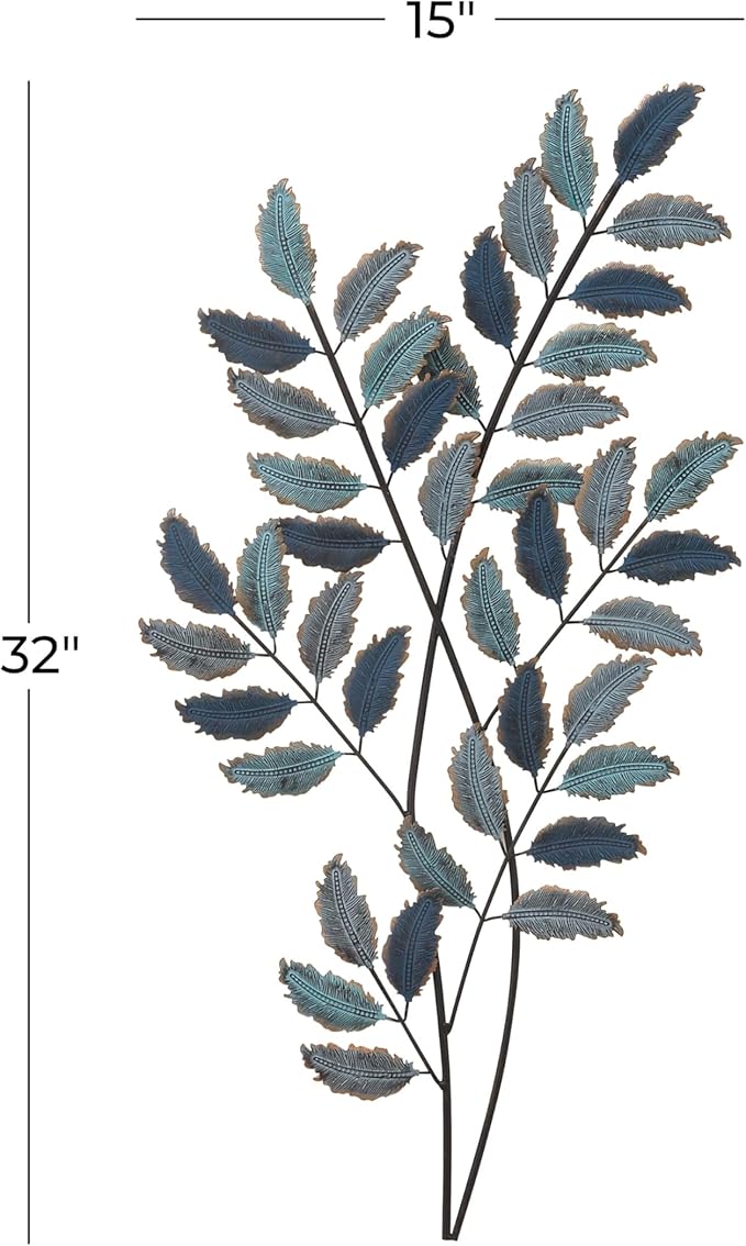Deco 79 Metal Leaf Home Wall Decor Wall Sculpture with Gold Accents, Wall Art 15" x 1" x 32", Blue