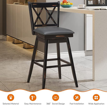 COSTWAY Bar Stool Set of 2, 360 ° Swivel Bar Height 29.5 inch Bar Stool with Foot Rest Upholstered Cushion & Ergonomic Backrest, Sturdy Frame, for Pub, Restaurant, Home (2, Black + Grey)
