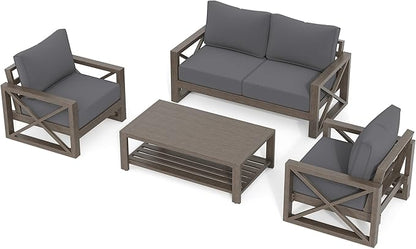 UDPATIO 4 Piece Faux Wood Aluminum Patio Furniture Set Modern Patio Conversation Set with Coffee Table for Balcony, Backyard, Deck, 600D Waterproof Furniture Cover Included, Dark Grey