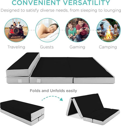 Best Choice Products 4in Portable Queen-Size Mattress, Tri-Fold Mattress for Camping, Guest, Toddler, Foam Plush w/Carry Case - Onyx Black