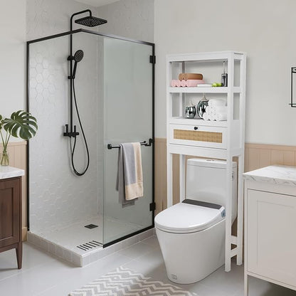 Over The Toilet Storage Cabinet, 3-Tier Bathroom Organizer with Rattan Door, Wooden Space Saver for Restroom, Bathroom, Laundry