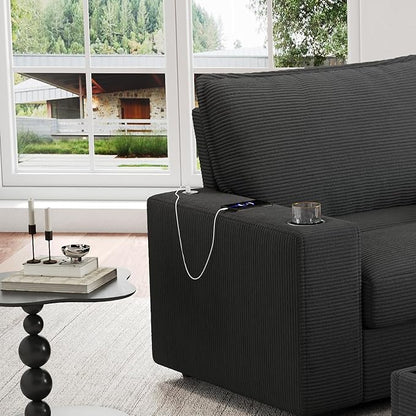 Christopher Knight Home Zoe Oversized Chaise Lounge Chair Indoor with Cup Holders & USB Charging Port, Corduroy Upholstered Sofa Bed + Ottoman with Storage, Comfy Deep Seat Sleeper Sofa Chair, Grey