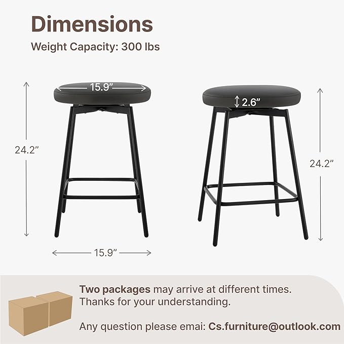 Swivel Bar Stools Set of 6, 24" Counter Height Bar Stool, Backless Barstools with Faux Leather Upholstered Seat&Sturdy Wood Legs for Kitchen Island, Black