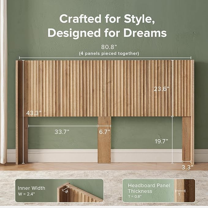 mopio Brooklyn 80.8" Headboard Only, Wood Headboard, Modern Farmhouse, Boho, Wall Mount, Fluted Panel, Wingback Design (Golden Oak, King)