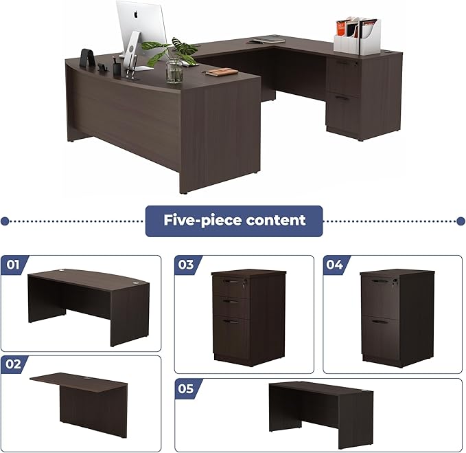 67'' U Shaped Bow Front Executive Desk with 2 Storage File Cabinets