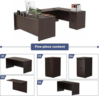 67'' U Shaped Bow Front Executive Desk with 2 Storage File Cabinets