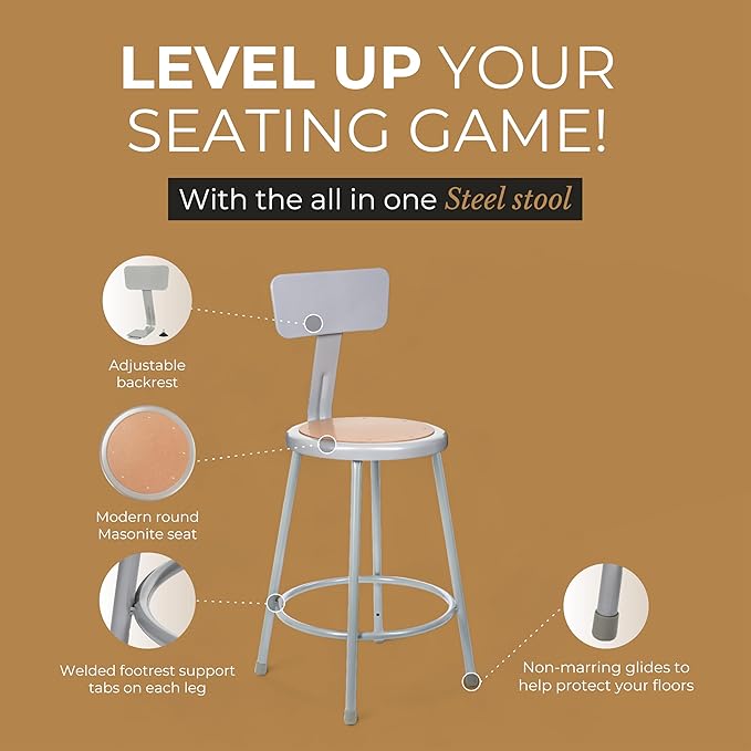 OEF Furnishings (2 Pack Steel Stool with Backrest, Grey, 24"