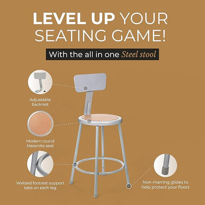 OEF Furnishings (2 Pack Steel Stool with Backrest, Grey, 24"
