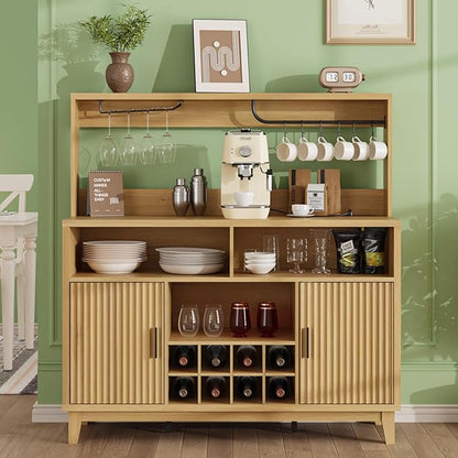 Fluted Buffet Cabinet with Storage, Modern Coffee Bar Cabinet with Outlet, Wine Rack, Cup Holder, Multi-Functional Accent Liquor Cabinet for Living Room, Entryway, Kitchen, Wood