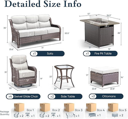 Belord Luxury 6" Thick Cushioned 10 Pieces Patio Furniture Set with Fire Pit Table, Wicker Outdoor Conversation Set with High Back Swivel Rocker Chairs for Deck Porch Yard and Poolside - Brown+Beige