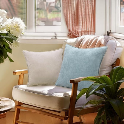 decorUhome Chenille Soft Throw Pillow Covers 16x16 Set of 2, Farmhouse Velvet Neutral Decorative Euro Pillow Covers with Stitched Edge for Couch Sofa Bed Home Decor, Aqua Haze