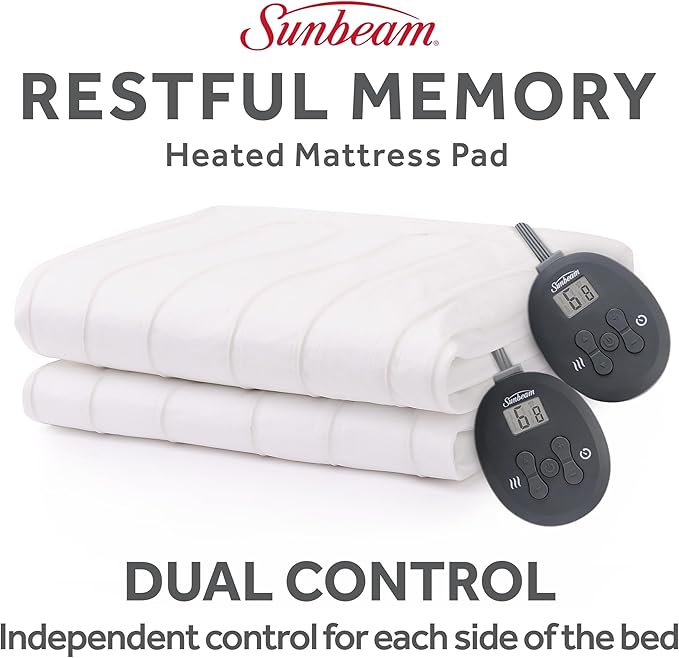Sunbeam Electric Heated Mattress Pad Soft Cozy Fabric Fast Heating 12 Heat Settings 12-Hour Auto Shut-Off Deep Pocket Skirt Machine Washable Queen 80" x 60"