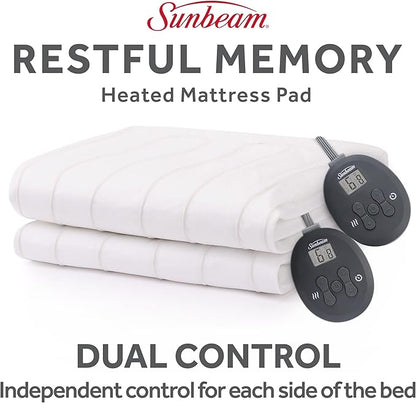 Sunbeam Electric Heated Mattress Pad Soft Cozy Fabric Fast Heating 12 Heat Settings 12-Hour Auto Shut-Off Deep Pocket Skirt Machine Washable Queen 80" x 60"