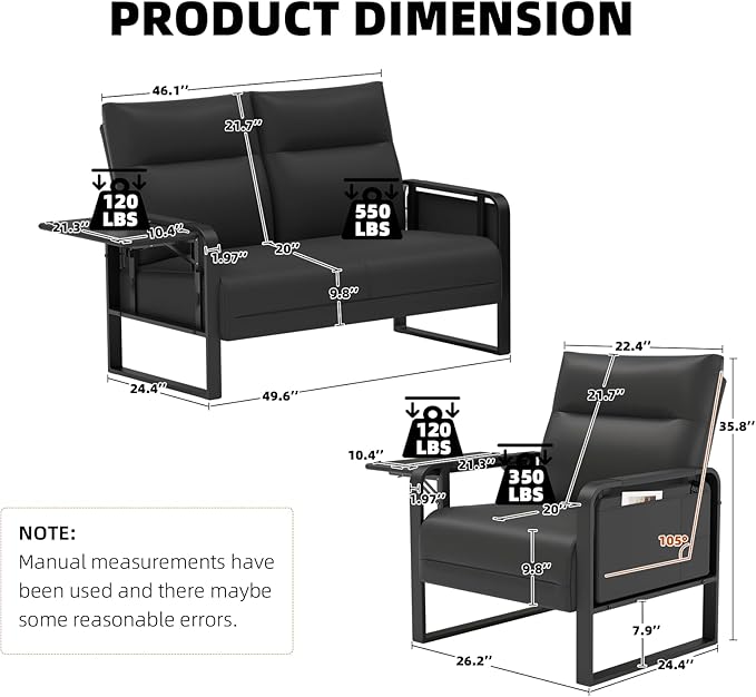 3-Piece Living Room Sofa Set, Faux Leather Loveseat & Accent Chairs Set of 2 with Foldable Tray Table & Storage Pocket, Upholstered Sofa Set for Small Spaces, Office, Black
