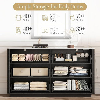 Fluted 6 Drawers Dresser with Charging Station, 55" Wide Modern Chest of Drawers with Faux Marble Top, Wooden Dresser TV Stand, Wood Drawer Organizer for Bedroom, Living Room, Hallway, Black