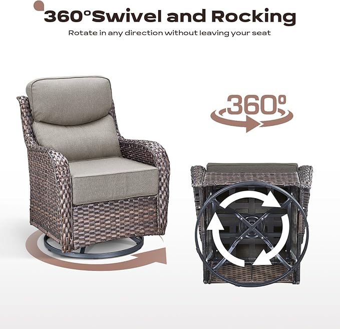 Rilyson Wicker Outdoor Patio Furniture Set - 6 Piece Patio Conversation Sets with Swivel Rocker Chairs, Ottomans, Sofa and Side Table, 6 inch Cushions, Waterproof Wicker, for Porch Deck Brown/Beige