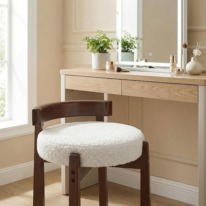 HNY Modern Boucle Ottoman Set of 2 Upholstered Vanity Chair with Solid Wood Legs, Cute Round Footrest for Bedroom & Living Room, White