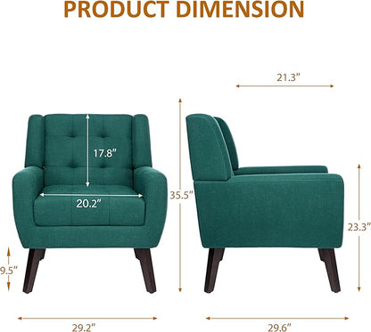 Accent Chairs Set of 2, Mid-Century Modern Upholstered Armchair, Comfy Fabric Living Room Chairs Reading Chairs with Button Tufted Back & Solid Wood Legs for Bedroom, Office, Light Blue