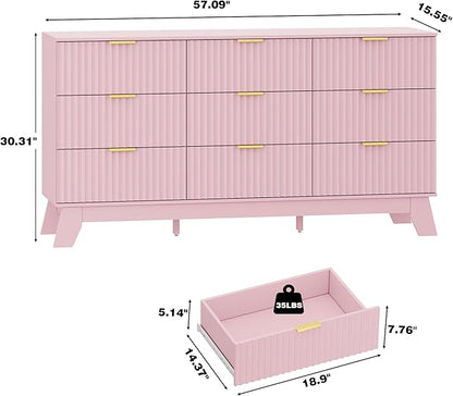 Fluted Dresser for Bedroom with 9 Drawers, 57" Pink Dressers & Chest of Drawers for Girls, Mid Century Modern Dresser of Closet TV Stand, Boho Wood Chests of Drawer for Living Room, Hallway, Pink
