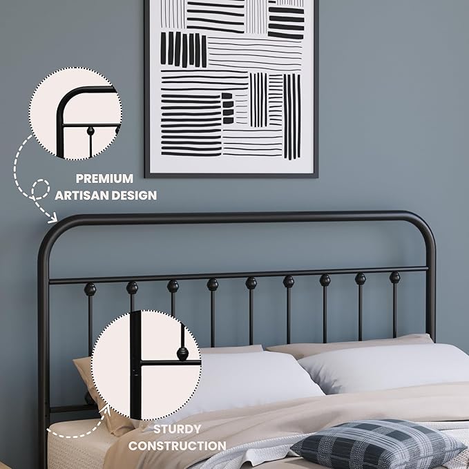 Vintage Metal Headboards, Adjustable Height Iron Frame, Farmhouse Rustic Style, Elegant and Durable Design, Easy Assembly, Universal Fit for Kids & Adults, King Size, Black Finish