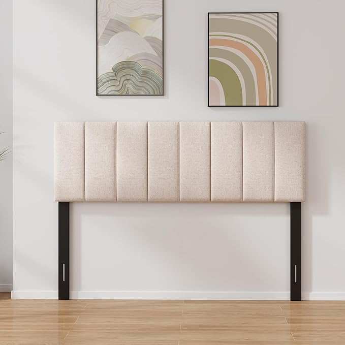 Giantex Linen Upholstered Headboard, Adjustable Width Vertical Channel Tufting Headboard Only with Solid Wood Legs, Attach Frame, Rectangular Headboards for Queen Full Bed, Beige