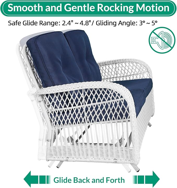 VIVIJASON 5-Piece Outdoor Patio White Wicker Conversation Sets, All Weather Outdoor Rattan Furniture Set Includes Glider Loveseat, 2 Coffee Table, 2 Swivel-Gliders Chairs with Cushions, Navy Blue
