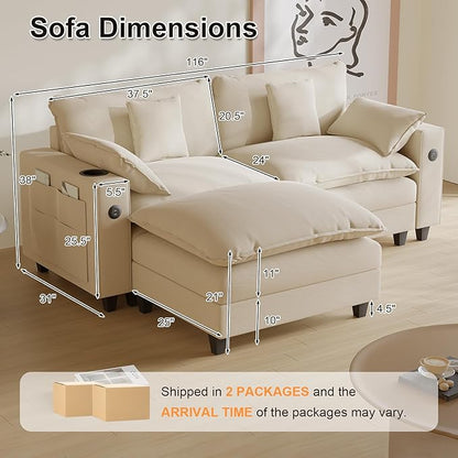 Cloud Couch, Modular Sectional Sofa with Ottoman, Charging Station, Throw Pillows, Cup Holders, Modern Convertible L Shaped Couches for Living Room, Bedroom (White, 80.7"- L Shape)