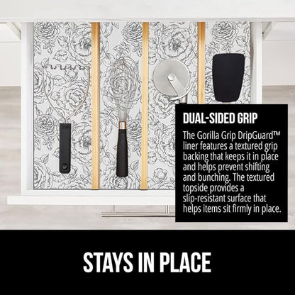 GORILLA GRIP DripGuard Shelf Liner, Non Adhesive Drawer and Kitchen Cabinet Protector, Slip Resistant BPA Free Smooth Surface Plastic Liners for Cabinets, Bathrooms, Closets, 12x240 Inch, Floral Gray