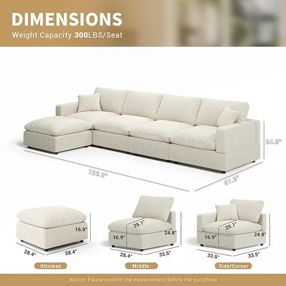 Modern Sectional Linen Couch for Living Room L-Shape Sofas,5 Seat Modular Cloud Sofas,Couches Cushion Covers Removable,Cozy Feather Down Sofa for Apartment Beige
