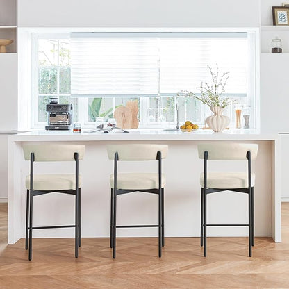 Beige Modern Bar Stools Set of 3, 24 Inch Faux Leather Counter Stools with Curved Backrest, Counter Height Bar Stool for Kitchen Island