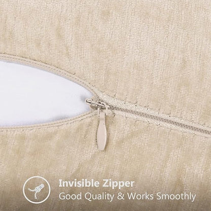 decorUhome Chenille Soft Throw Pillow Covers 26x26 Set of 2, Farmhouse Velvet Neutral Decorative Euro Pillow Covers with Stitched Edge for Couch Sofa Bed Home Decor, Beige
