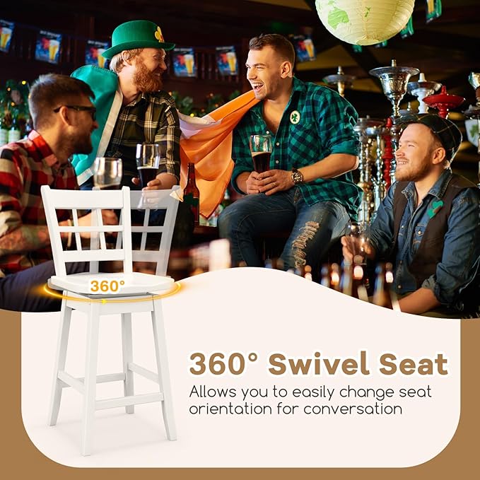COSTWAY Swivel Bar Stools Set of 2, 24.5 Inch Counter Height Bar Chairs w/Hollow Backrest & Contoured Seat, Wooden Barstools w/Footrest for Kitchen Island, Pub, Bistro, Cafe (2, White)