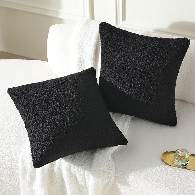 FUTEI Black Throw Pillow Covers 18x18 Inch Set of 2,Furry Faux Fur Teddy Boucle Textured Cushion Covers,Soft Fluffy Decorative Pillow Case,Home Decor for Couch Bed Living Room Office Car