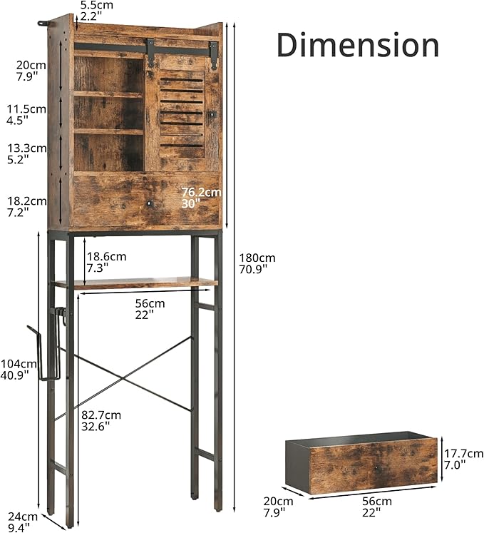 IRONCK Over The Toilet Storage Rack with Cabinet and Drawer, 6 Tier Bathroom Organizer Shelves Space Saver with Adjustable Shelf, Sliding Door, Paper Hook, Vintage Brown