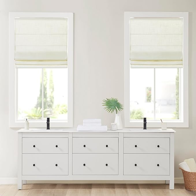 Madison Park Kyler Cordless Roman Shades - Single Panel, Lightweight Linen Blend Fabric, Natural Design, Easy Installation, Light Filtering Window Blind, Bedroom, Living Room Decor 29"W x 64"H Ivory