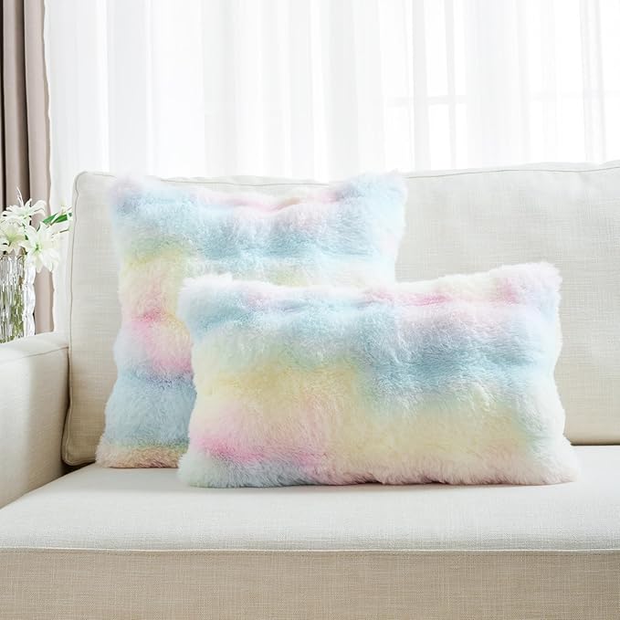 FUTEI Rainbow Decorative Throw Pillow Covers 12x20 Inch Set of 2,Soft Fuzzy Faux Rabbit Fur Pillow Case with Raised Texture,Neutral Boho Home Decor for Couch Bed Living Room