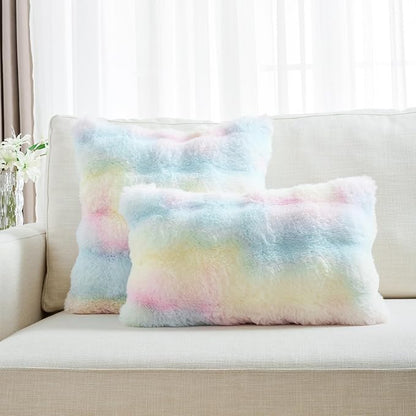 FUTEI Rainbow Decorative Throw Pillow Covers 24x24 Inch Set of 2,Soft Fuzzy Faux Rabbit Fur European Cushion Covers with Raised Texture,Neutral Boho Home Decor for Couch Bed Living Room