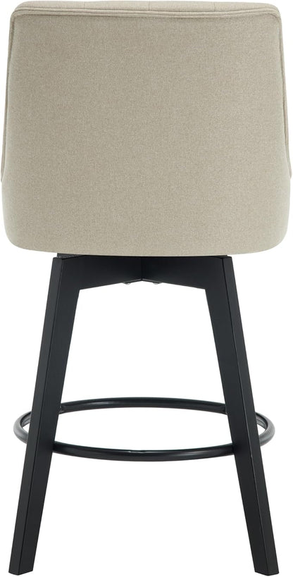 MINCETA Set of 4 Upholstered Bar Stools - 26 Inch Swivel Counter Height Stools with Low Tufted Back, Footrest & Performance Fabric - Khaki Round Seat for Kitchen Island & Home Bar