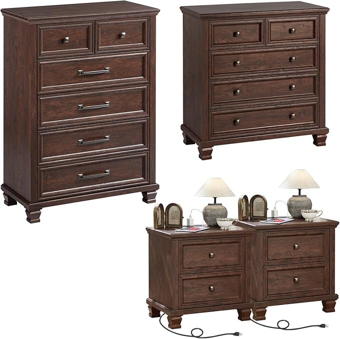 Farmhouse Bedroom Dresser and Nightstand Set of 4, 6 Drawer Tall & 5 Drawers Dresser & 2 Drawer Nightstand Set, Rustic Wood Bedroom Furniture Set for Livingroom, Hallway, Walnut