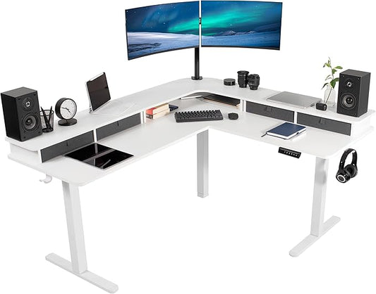 VIVO Electric 2-Tier Corner L-Shaped 63 x 55 inch Standing Desk, Height Adjustable, Memory Controller, White Top White Frame, Dark Gray Drawers, DESK-E3CVW