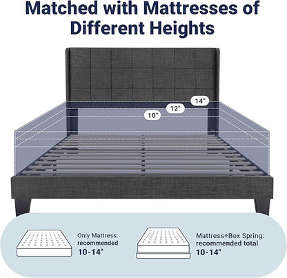 Allewie Queen Size Platform Bed Frame with Wingback, Fabric Upholstered Square Stitched Headboard and Wooden Slats, Mattress Foundation, Box Spring Optional, Easy Assembly, Dark Grey