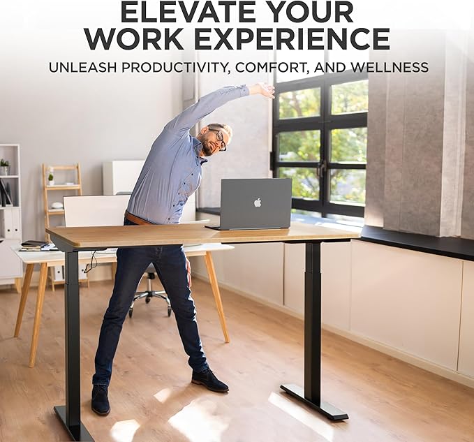 Rise Up Electric Standing Desk Adjustable Height 27-47" Dual Motor One Piece 60x30 Bamboo Large Standing Desk, Sit Stand Desk Rising Desk Home Office
