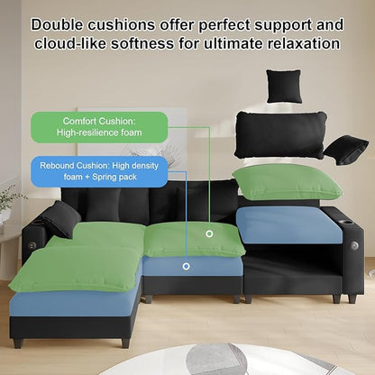 Cloud Couch, Modular Sectional Sofa with Ottoman, Charging Station, Throw Pillows, Cup Holders, Modern Convertible L Shaped Couches for Living Room, Bedroom (Classic Black, 116"- L Shape)