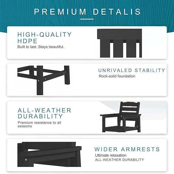 7 Piece Patio Dining Set with 11ft Patio Umbrella (Cream-White), 7 Black Outdoor HDPE Dining Set with 6 Chairs + 1 Large Table, for Market, Pool, Garden, Backyard, Deck